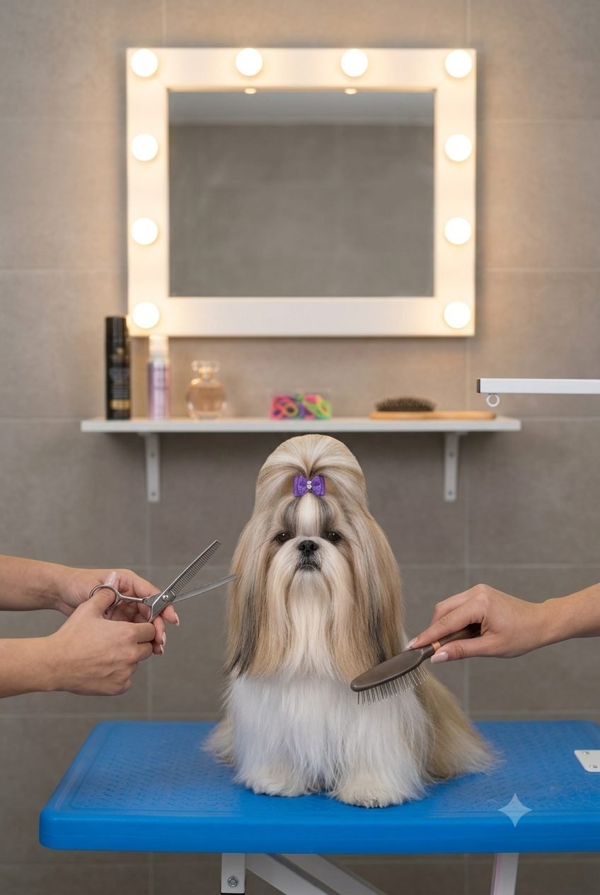 Cão sendo finalizado na mesa de estética da Thor Pet Spa